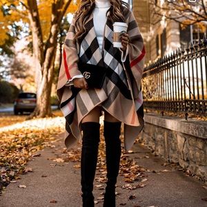 Color block plaid poncho